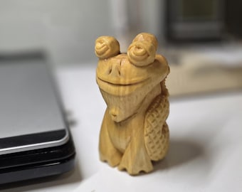 Hand Carved Wood Frog and Serpent Statue, Slavic Amulet