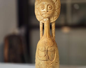 Hand Carved Wooden Sun Goddess Totem | Folk Art Fertility Statue | Pagan Sun God Spirit | Artisan Home Decor | Unique Spiritual Gift