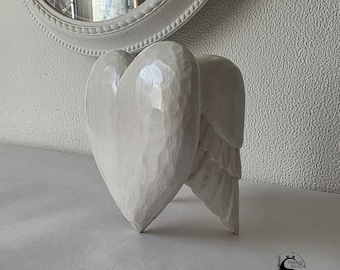 5th Anniversary Wood Gift, Wooden Wedding, Hand Carved Winged Heart Sculpture, Personalized Gift, Angel Heart with Wings