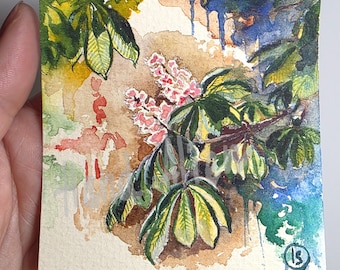 Chestnut Bloom: Original Pink Floral Watercolor, Hand-painted Botanical Miniature - Unique Art Gift