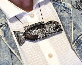 Large Wooden Fish Pendant, Unisex Statement Necklace, Hand Carved Brutalist Jewelry, Symbolic Pisces Totem, Unique Gift for Barber or Artist