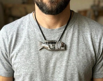 Large Wooden Fish Pendant, Unisex Statement Necklace, Hand Carved Brutalist Jewelry, Symbolic Pisces Totem, Unique Gift for Barber or Artist