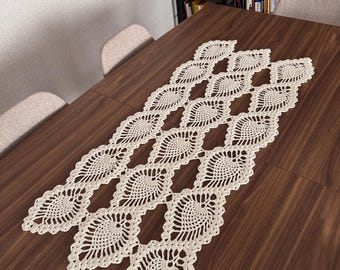 Handmade Crochet Table Runner, Cotton Lace Table Runner, Boho Table Decor, Natural Crochet Table Linen
