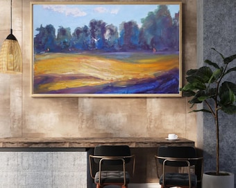 Paysage fluide, impression de paysage impressionniste vibrant, art mural numérique champs dorés, oeuvres d'art colorées de la nature