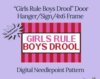 Needlepoint Sign Chart - Girls Rule Sign or Door Hanger 4x6 inches on 14 mesh, digital PDF download, Cross stitch pattern