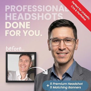 Może przedstawiać: Obraz promujący profesjonalne zdjęcia profilowe. Tekst brzmi: „PROFESJONALNE ZDJĘCIA GŁOWY ZROBIONE DLA CIEBIE”. Mężczyzna w szarym garniturze i okularach uśmiecha się. Zawiera zdjęcie przed i mówi „PO PROSTU PRZEŚLIJ SWOJE NAJLEPSZE SELFIE, MY ZAJMIEMY SIĘ RESZTĄ”.