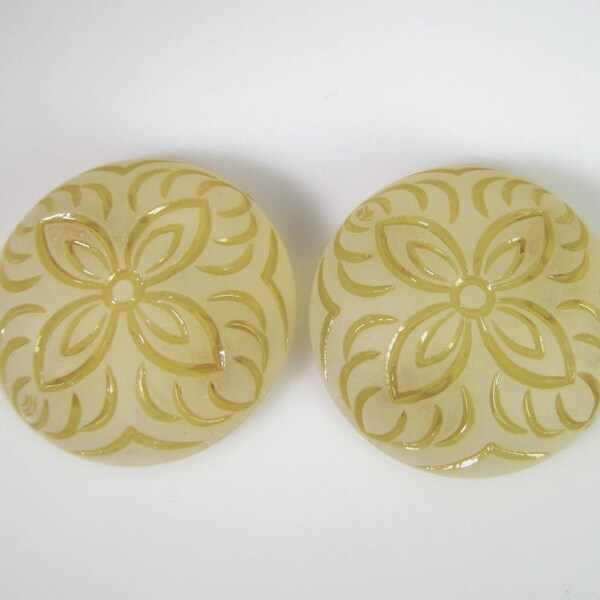 10 Vintage Semi-Transparent Golden Topaz Matte Frosted Incised Acrylic Floral Cabochons Cb127