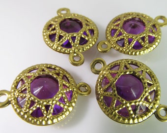 8 Vintage 18x13mm Amethyst Faceted Brass Filigree Two-Loop Connectors Con210