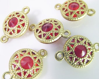 12 Vintage 16x10mm Ruby Red Faceted Brass Filigree Two-Loop Connectors Con192