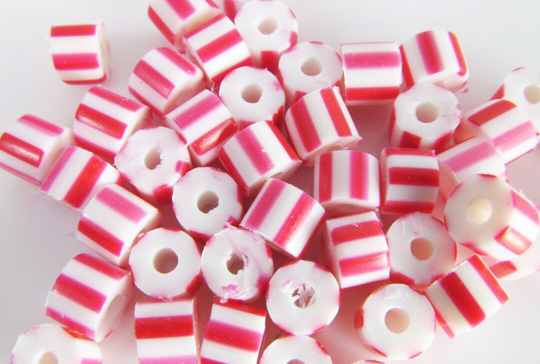 200 Vintage Red and White Striped Plastic Tube Beads Bd1137 Etsy
