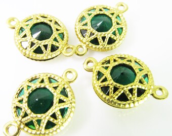 8 Vintage 18x13mm Emerald Green Faceted Brass Filigree Two-Loop Connectors Con213