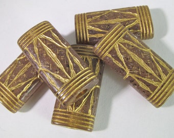 12 Vintage 26mm Brown and Gold Carved Rectangular Large Hole Acrylic Tribal Ethnic Beads Bd1266