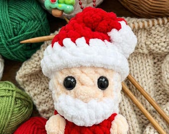 Mini Amigurumi Santa Claus Keychain, Handmade Crochet Christmas Bag Charm, Tiny Plush Holiday Gift, Red Plaid Outfit
