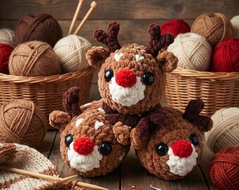 No-Sew Amigurumi Reindeer Plush, Handmade Velvet Crochet Christmas Toy, Red Nose Holiday Decor, Beginner Friendly Gift