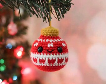 Handmade Crochet Christmas Ball Ornament, Amigurumi Reindeer Holiday Decor, Red & White Knit Tree Decoration Gift