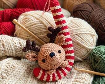Crochet Reindeer Candy Cane Ornament, Handmade Amigurumi Christmas Tree Decor, Cute Holiday Animal Bauble, Festive Stocking Stuffer Gift