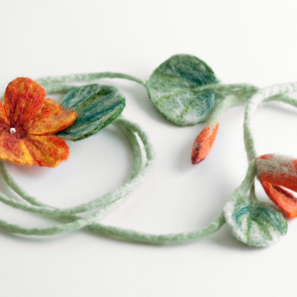 Felted necklace, wool collar scarf, mint, orange, felted jewelry, textile flower,Indian cress, fashion jewelry, felted necklace, for wedding