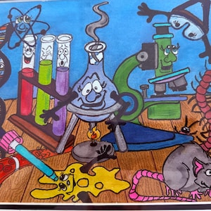 May include: A whimsical cartoon illustration of a science lab with animated lab equipment. A flask is heated by a flame, test tubes stand in a rack, and a microscope is present. A DNA strand, a rat, and a centipede are also depicted.