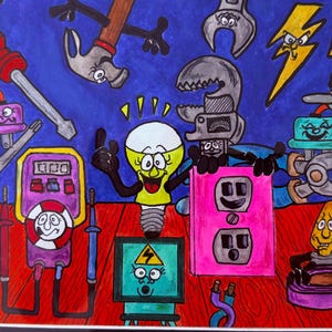 May include: A colorful cartoon illustration featuring various electrical tools and components with animated faces. The image includes a lightbulb, electrical outlets, a voltmeter, wrenches, screwdrivers, and lightning bolts, all with expressive eyes and smiles.