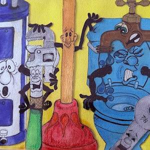 Peut inclure: Illustration à l'aquarelle fantaisiste représentant des équipements de plomberie anthropomorphes. Un chauffe-eau, une clé, un déboucheur, un robinet, des toilettes et une clé sont représentés avec des visages et des bras expressifs, sur fond jaune.