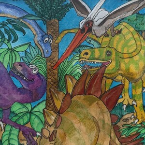 May include: Watercolor painting of various cartoon dinosaurs in a jungle setting. The dinosaurs are in shades of green, yellow, purple, and brown. A blue sky and green foliage complete the scene.