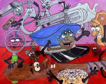 Title: "Precinct Paraphernalia!" Comical Police Print, Law Enforcer Cartoon, 11x14 Framed Art