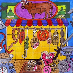May include: A colourful illustration of a butcher's shop with cartoon characters. A brown cow with meat cuts is displayed above a counter with various cuts of meat and sausages. A scale with a roasted chicken is visible. Knives and cleavers surround the scene.