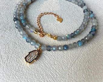 Rainbow Labradorite Hamsa Necklace • Dainty Boho Layering Choker Gemstone Jewelry Gift