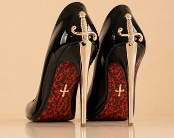 Black Pointed Toe Stiletto Heels, Sword Detail Pumps, Women's High Heel Shoes, Elegant Black Dress Heels, Statement Party Footwear