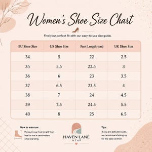Może przedstawiać: Tabela rozmiar&oacute;w obuwia zatytułowana Women's Shoe Size Chart z kolumnami dla rozmiar&oacute;w EU, US i UK oraz długością stopy w centymetrach. Tabela zawiera rozmiary od 34 do 40 EU, od 5 do 8 US oraz od 2,5 do 6,5 UK wraz z instrukcją pomiaru.