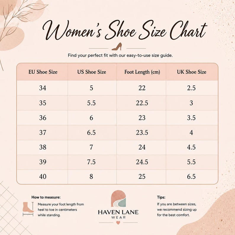 Może przedstawiać: Tabela rozmiar&oacute;w obuwia zatytułowana Women's Shoe Size Chart z kolumnami dla rozmiar&oacute;w EU, US i UK oraz długością stopy w centymetrach. Tabela zawiera rozmiary od 34 do 40 EU, od 5 do 8 US oraz od 2,5 do 6,5 UK wraz z instrukcją pomiaru.