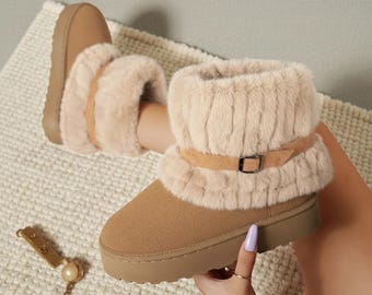 Women’s Faux Sheepskin Snow Boots – Soft Sole Winter Ankle Boots, Cozy Furry Lined UGG-Style Boots, Christmas Gift for Her