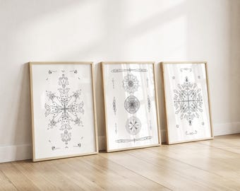Symmetrisches Set ornamentaler Linienzeichnungen | Abstrakte botanische Mandalas | Druckbare Wandkunst