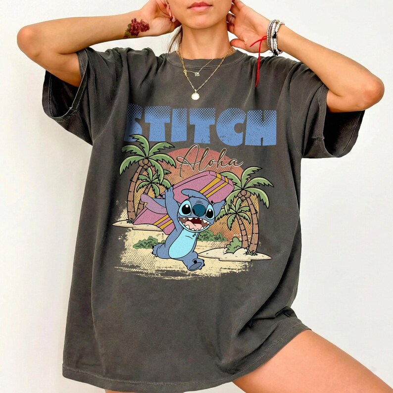 Vintage Stitch Aloha Surfskjorta, Retro Lilo och Stitch T-shirt, Disneyland semesterkläder bild 6