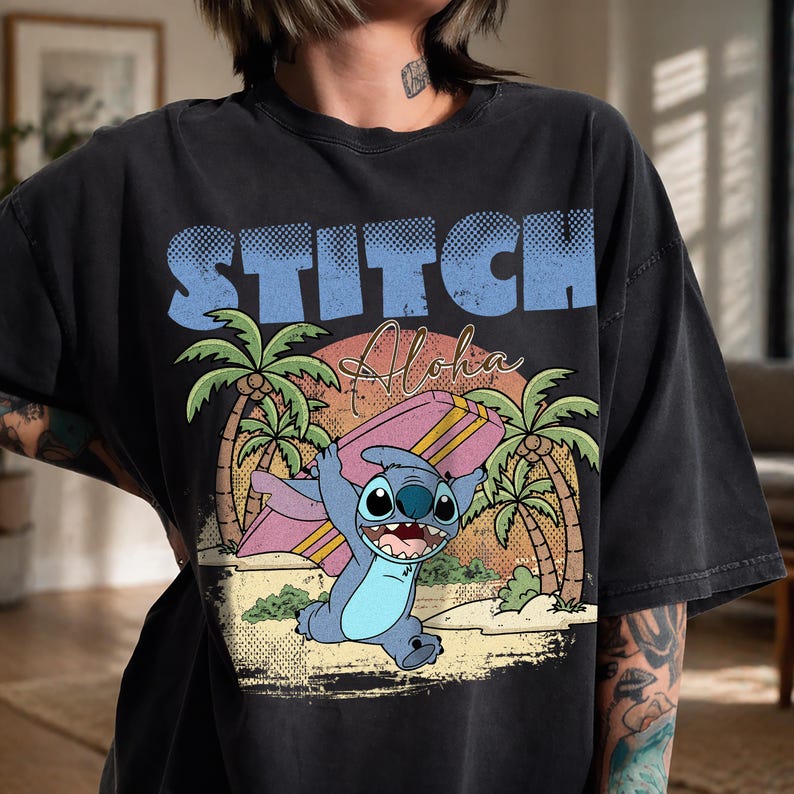 Vintage Stitch Aloha Surfskjorta, Retro Lilo och Stitch T-shirt, Disneyland semesterkläder bild 3