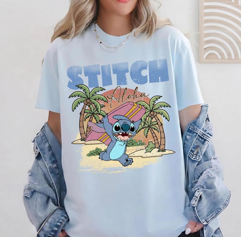 Vintage Stitch Aloha Surfskjorta, Retro Lilo och Stitch T-shirt, Disneyland semesterkläder bild 2