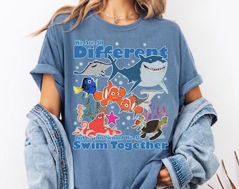 Vintage We Are all Different But in This School We all Swim Together Quotes Shirt, Finding Nemo Characters Group Tee, Autism Acceptance Tee