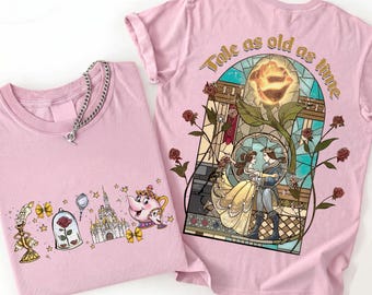 Skönheten och Odjuret T-shirt med målat glas, Belle Prince Adam Tale As Old Time T-shirt