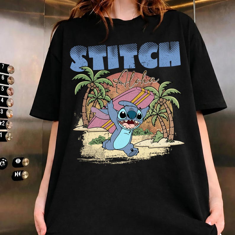 Vintage Stitch Aloha Surfskjorta, Retro Lilo och Stitch T-shirt, Disneyland semesterkläder bild 1