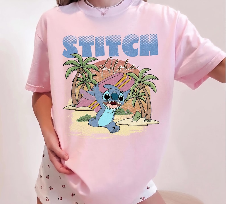 Vintage Stitch Aloha Surfskjorta, Retro Lilo och Stitch T-shirt, Disneyland semesterkläder bild 4