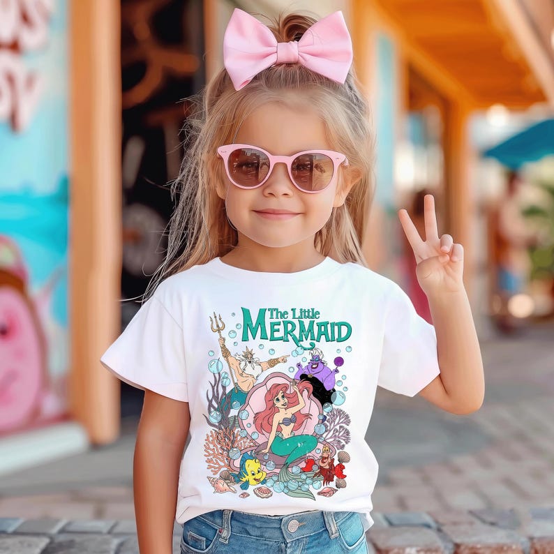 Puede incluir: Una ni&ntilde;a peque&ntilde;a con una camiseta blanca con un gr&aacute;fico colorido de personajes de "La Sirenita". La camiseta tiene el t&iacute;tulo de la pel&iacute;cula en verde. Tambi&eacute;n lleva gafas de sol rosas y un lazo rosa.