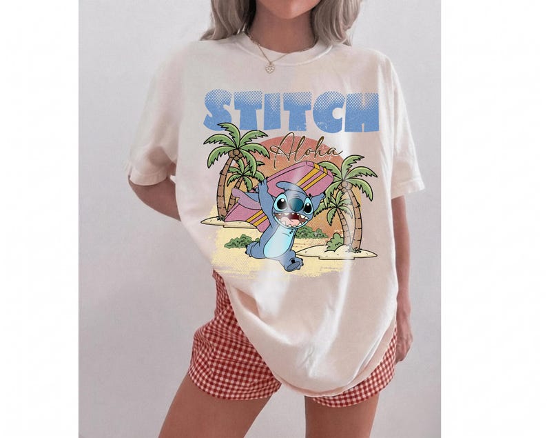 Vintage Stitch Aloha Surfskjorta, Retro Lilo och Stitch T-shirt, Disneyland semesterkläder bild 5