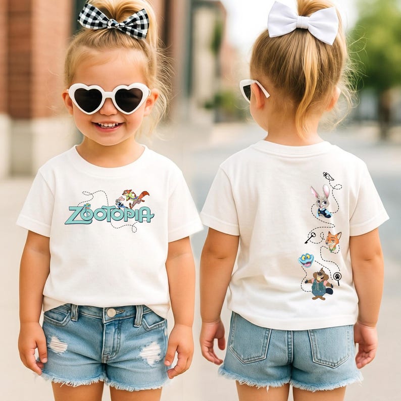 May include: A white short-sleeved t-shirt featuring Zootopia graphics. The front displays the Zootopia logo with small character illustrations. The back shows a vertical trail of dotted lines connecting various Zootopia character icons.