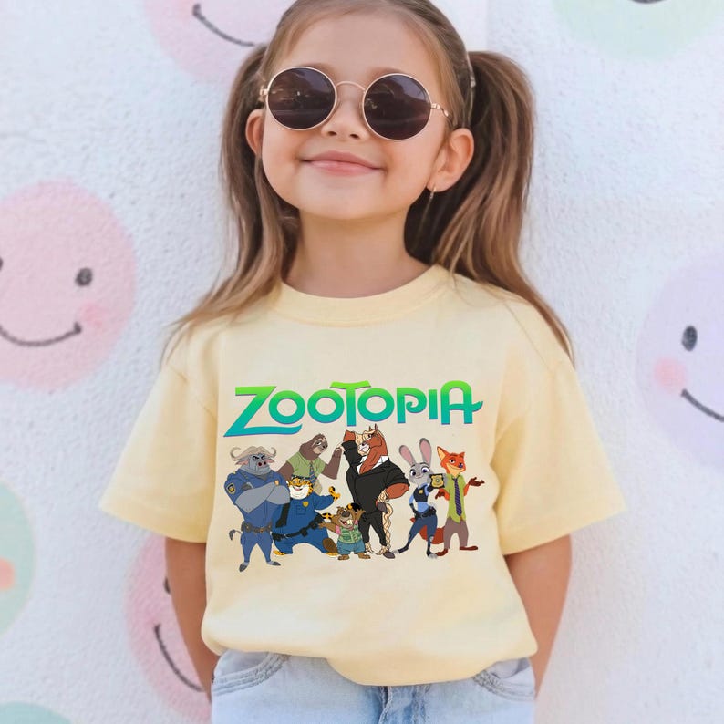 K&ouml;nnte beinhalten: Ein hellgelbes T-Shirt mit dem Wort "Zootopia" in Gr&uuml;n und Blau und Zeichentrickfiguren aus dem Film. Das T-Shirt wird von einer jungen Person getragen, die eine runde Sonnenbrille tr&auml;gt.