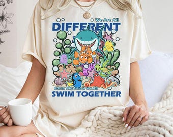 Vintage We Are all Different But in This School We all Swim Together Quotes Shirt, Finding Nemo Characters Group Tee, Autism Acceptance Tee