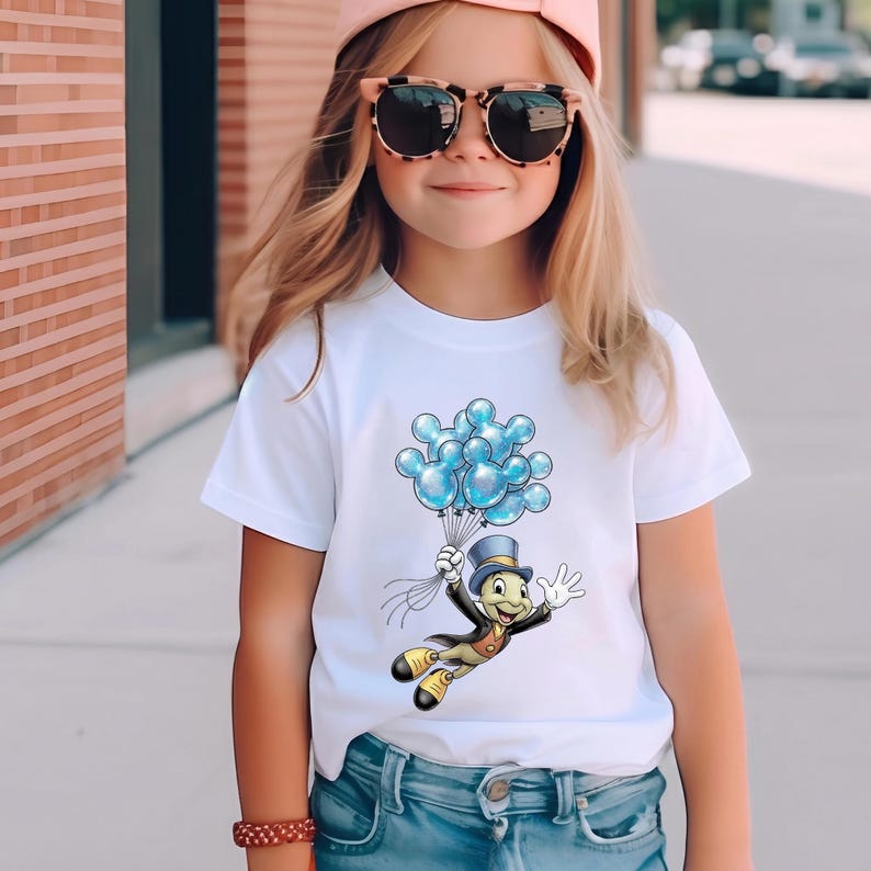 May include: White t-shirt featuring a cartoon character holding blue Mickey Mouse-shaped balloons. The character is dressed in a black suit, yellow shoes, and a top hat. The shirt is worn by a young person.
