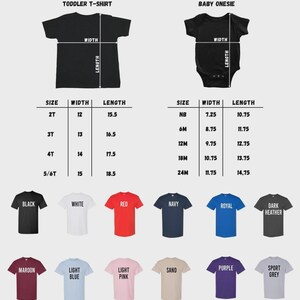 Op de afbeelding: Maattabel voor peuter-T-shirts en babyrompers, met breedte- en lengtematen in inches. De afbeelding toont ook een kleurenpalet van beschikbare T-shirtkleuren, zoals zwart, wit, rood en marineblauw.