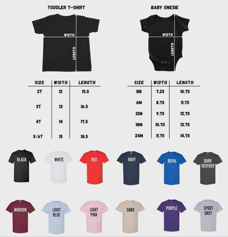 Op de afbeelding: Maattabel voor peuter-T-shirts en babyrompers, met breedte- en lengtematen in inches. De afbeelding toont ook een kleurenpalet van beschikbare T-shirtkleuren, zoals zwart, wit, rood en marineblauw.