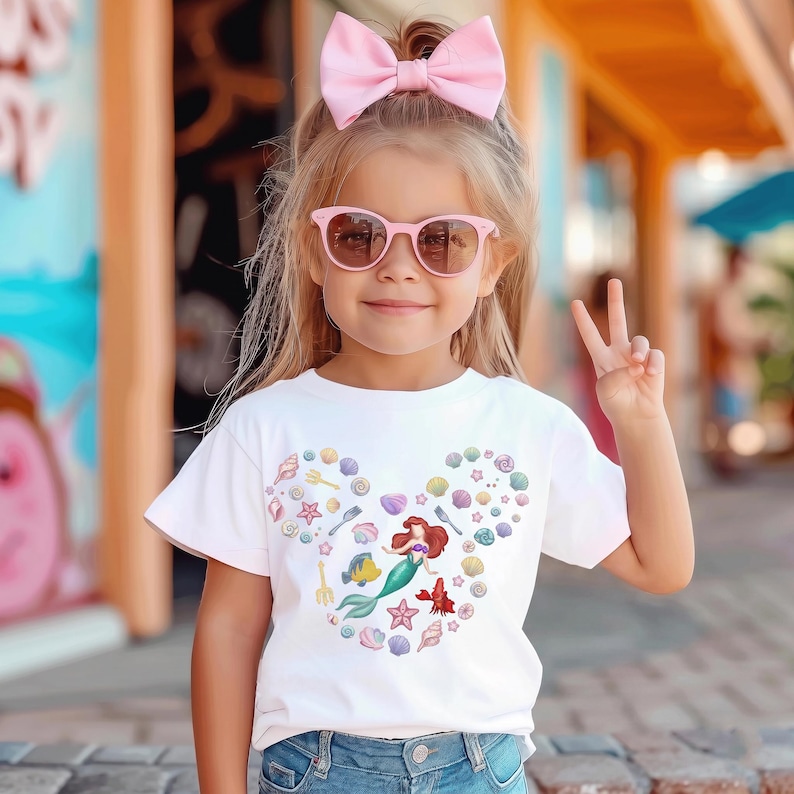 May include: A young girl wearing a white t-shirt with a colorful mermaid design, pink sunglasses, and a large pink bow. The t-shirt features a heart-shaped design with seashells, a mermaid, and other sea-themed elements.