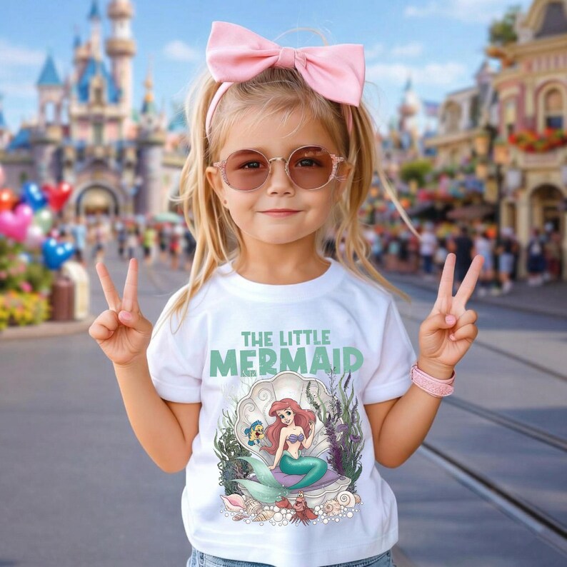 May include: A young girl wearing a white t-shirt with the words "THE LITTLE MERMAID" in green. The shirt features a graphic of Ariel in a clam shell. She wears a pink bow, sunglasses, and a pink bracelet. She is giving the peace sign.